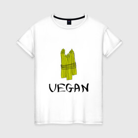 Женская футболка хлопок с принтом Веган в Санкт-Петербурге, 100% хлопок | прямой крой, круглый вырез горловины, длина до линии бедер, слегка спущенное плечо | @ | веган | вегетарианство | как символ сыроеденияпитание | на макете изображена стилизованная спаржа | спаржа | спорт