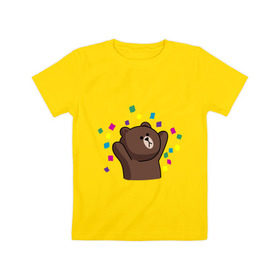 Детская футболка хлопок с принтом Стикер Line мишка в Санкт-Петербурге, 100% хлопок | круглый вырез горловины, полуприлегающий силуэт, длина до линии бедер | медведь | радость | стикер line