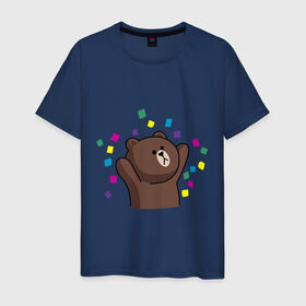 Мужская футболка хлопок с принтом Стикер Line мишка в Санкт-Петербурге, 100% хлопок | прямой крой, круглый вырез горловины, длина до линии бедер, слегка спущенное плечо. | медведь | радость | стикер line