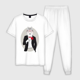 Мужская пижама хлопок с принтом Волк в смокинге в Санкт-Петербурге, 100% хлопок | брюки и футболка прямого кроя, без карманов, на брюках мягкая резинка на поясе и по низу штанин
 | джентльмен | костюм | хипстер