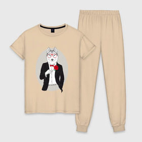 Женская пижама хлопок с принтом Волк в смокинге в Санкт-Петербурге, 100% хлопок | брюки и футболка прямого кроя, без карманов, на брюках мягкая резинка на поясе и по низу штанин | джентльмен | костюм | хипстер