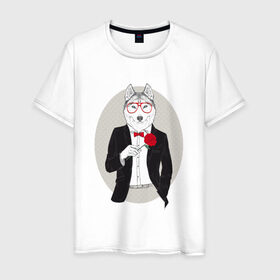 Мужская футболка хлопок с принтом Волк в смокинге в Санкт-Петербурге, 100% хлопок | прямой крой, круглый вырез горловины, длина до линии бедер, слегка спущенное плечо. | джентльмен | костюм | хипстер