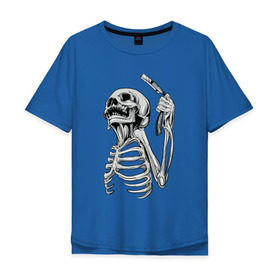 Мужская футболка хлопок Oversize с принтом Скелет с бритвой в Санкт-Петербурге, 100% хлопок | свободный крой, круглый ворот, “спинка” длиннее передней части | Тематика изображения на принте: скелет