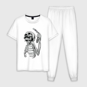 Мужская пижама хлопок с принтом Скелет с бритвой в Санкт-Петербурге, 100% хлопок | брюки и футболка прямого кроя, без карманов, на брюках мягкая резинка на поясе и по низу штанин
 | скелет
