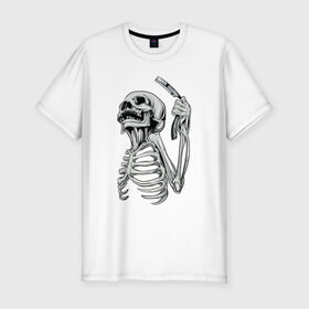Мужская футболка премиум с принтом Скелет с бритвой в Санкт-Петербурге, 92% хлопок, 8% лайкра | приталенный силуэт, круглый вырез ворота, длина до линии бедра, короткий рукав | скелет
