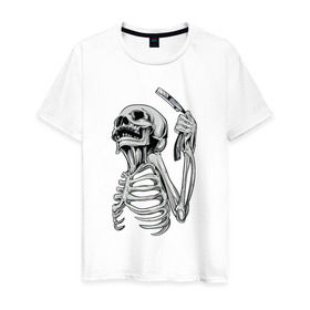 Мужская футболка хлопок с принтом Скелет с бритвой в Санкт-Петербурге, 100% хлопок | прямой крой, круглый вырез горловины, длина до линии бедер, слегка спущенное плечо. | скелет