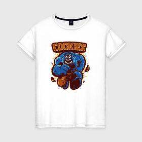 Женская футболка хлопок с принтом Печеньки в Санкт-Петербурге, 100% хлопок | прямой крой, круглый вырез горловины, длина до линии бедер, слегка спущенное плечо | cookie | коржик | монстр | печенье | улица сезам