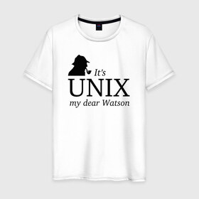 Мужская футболка хлопок с принтом It`s Unix, my dear Watson в Санкт-Петербурге, 100% хлопок | прямой крой, круглый вырез горловины, длина до линии бедер, слегка спущенное плечо. | Тематика изображения на принте: @ | its unix | my dear watsonюникс | unix | админам
