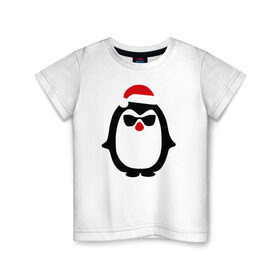 Детская футболка хлопок с принтом Крутой пингвин дед мороз в Санкт-Петербурге, 100% хлопок | круглый вырез горловины, полуприлегающий силуэт, длина до линии бедер | Тематика изображения на принте: крутой пингвин дед морозкрутой пингвин дед мороз новый год