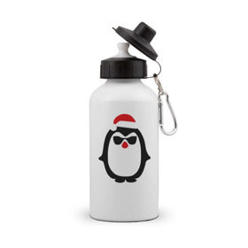 Бутылка спортивная с принтом Крутой пингвин дед мороз в Санкт-Петербурге, металл | емкость — 500 мл, в комплекте две пластиковые крышки и карабин для крепления | крутой пингвин дед морозкрутой пингвин дед мороз новый год