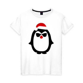 Женская футболка хлопок с принтом Крутой пингвин дед мороз в Санкт-Петербурге, 100% хлопок | прямой крой, круглый вырез горловины, длина до линии бедер, слегка спущенное плечо | крутой пингвин дед морозкрутой пингвин дед мороз новый год