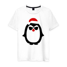 Мужская футболка хлопок с принтом Крутой пингвин дед мороз в Санкт-Петербурге, 100% хлопок | прямой крой, круглый вырез горловины, длина до линии бедер, слегка спущенное плечо. | крутой пингвин дед морозкрутой пингвин дед мороз новый год