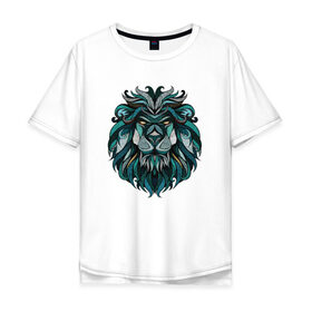 Мужская футболка хлопок Oversize с принтом Синий Лев в Санкт-Петербурге, 100% хлопок | свободный крой, круглый ворот, “спинка” длиннее передней части | : животные | лев
