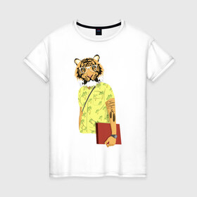 Женская футболка хлопок с принтом Тигр хипстер в Санкт-Петербурге, 100% хлопок | прямой крой, круглый вырез горловины, длина до линии бедер, слегка спущенное плечо | 