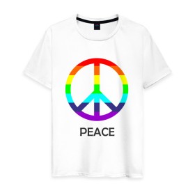 Мужская футболка хлопок с принтом Мир (Peace). Пацифик в Санкт-Петербурге, 100% хлопок | прямой крой, круглый вырез горловины, длина до линии бедер, слегка спущенное плечо. | (peace) | венок | знак | на картинке изображен знак пацифик и надпись peace   мирмир | пацифик | пис