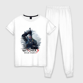 Женская пижама хлопок с принтом The Witcher 3 в Санкт-Петербурге, 100% хлопок | брюки и футболка прямого кроя, без карманов, на брюках мягкая резинка на поясе и по низу штанин | ведьмак