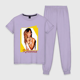 Женская пижама хлопок с принтом Rihanna в Санкт-Петербурге, 100% хлопок | брюки и футболка прямого кроя, без карманов, на брюках мягкая резинка на поясе и по низу штанин | Тематика изображения на принте: badgirl | rihanna | riri | риана | рианна | рнб