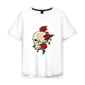 Мужская футболка хлопок Oversize с принтом Skull & roses в Санкт-Петербурге, 100% хлопок | свободный крой, круглый ворот, “спинка” длиннее передней части | розы