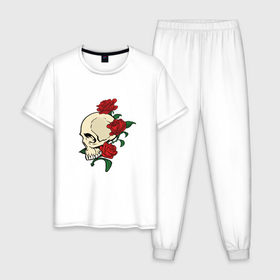 Мужская пижама хлопок с принтом Skull & roses в Санкт-Петербурге, 100% хлопок | брюки и футболка прямого кроя, без карманов, на брюках мягкая резинка на поясе и по низу штанин
 | розы