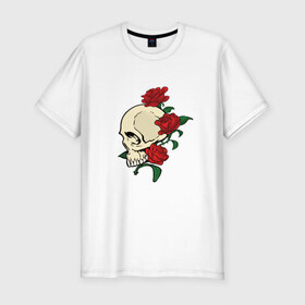 Мужская футболка премиум с принтом Skull & roses в Санкт-Петербурге, 92% хлопок, 8% лайкра | приталенный силуэт, круглый вырез ворота, длина до линии бедра, короткий рукав | Тематика изображения на принте: розы