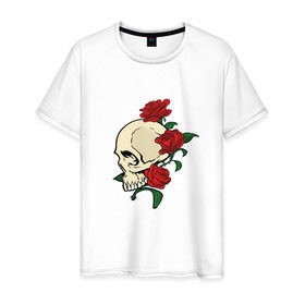 Мужская футболка хлопок с принтом Skull & roses в Санкт-Петербурге, 100% хлопок | прямой крой, круглый вырез горловины, длина до линии бедер, слегка спущенное плечо. | розы