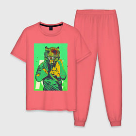 Мужская пижама хлопок с принтом Tiger в Санкт-Петербурге, 100% хлопок | брюки и футболка прямого кроя, без карманов, на брюках мягкая резинка на поясе и по низу штанин
 | hotline miami