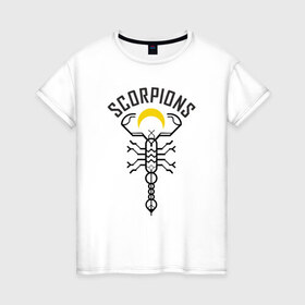 Женская футболка хлопок с принтом Scorpions в Санкт-Петербурге, 100% хлопок | прямой крой, круглый вырез горловины, длина до линии бедер, слегка спущенное плечо | 