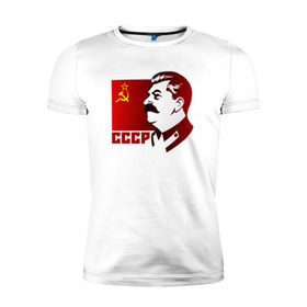 Мужская футболка премиум с принтом Сталин в Санкт-Петербурге, 92% хлопок, 8% лайкра | приталенный силуэт, круглый вырез ворота, длина до линии бедра, короткий рукав | Тематика изображения на принте: отличный подарок для настоящего патриотаussr | россия | серп и молот | ссср | флаг
