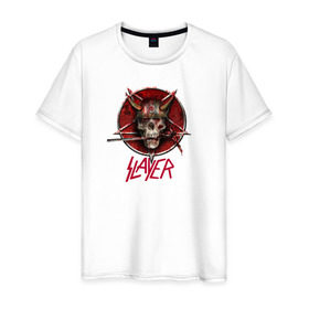 Мужская футболка хлопок с принтом Slayer skull в Санкт-Петербурге, 100% хлопок | прямой крой, круглый вырез горловины, длина до линии бедер, слегка спущенное плечо. | Тематика изображения на принте: punk | slayer | метал
