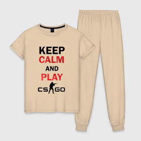 Женская пижама хлопок с принтом Keep Calm and play cs:go в Санкт-Петербурге, 100% хлопок | брюки и футболка прямого кроя, без карманов, на брюках мягкая резинка на поясе и по низу штанин | calm | cs go | keep | го