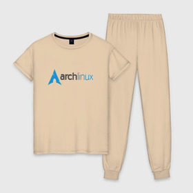 Женская пижама хлопок с принтом Arch Linux в Санкт-Петербурге, 100% хлопок | брюки и футболка прямого кроя, без карманов, на брюках мягкая резинка на поясе и по низу штанин | Тематика изображения на принте: linux | баш | линукс | ос