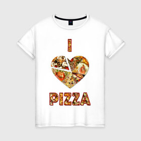 Женская футболка хлопок с принтом i love pizza в Санкт-Петербурге, 100% хлопок | прямой крой, круглый вырез горловины, длина до линии бедер, слегка спущенное плечо | . любовь | pizza | любителям пиццыёда | пицца | прикол