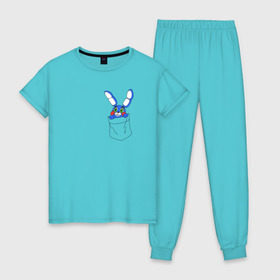 Женская пижама хлопок с принтом Toy Bonnie в кармане FNAF в Санкт-Петербурге, 100% хлопок | брюки и футболка прямого кроя, без карманов, на брюках мягкая резинка на поясе и по низу штанин | fnaf | toy bonnie | карман | фнаф
