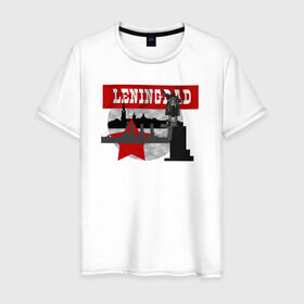 Мужская футболка хлопок с принтом Ленинград белая база в Санкт-Петербурге, 100% хлопок | прямой крой, круглый вырез горловины, длина до линии бедер, слегка спущенное плечо. | аврора | ленин | ленинградская символика ленинград