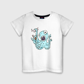 Детская футболка хлопок с принтом Осьминог в Санкт-Петербурге, 100% хлопок | круглый вырез горловины, полуприлегающий силуэт, длина до линии бедер | Тематика изображения на принте: акула | корабль | море | осьминог