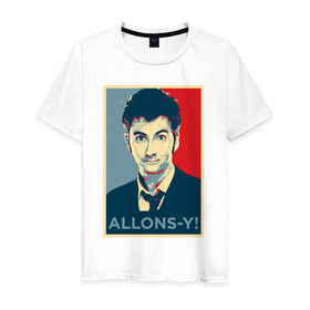 Мужская футболка хлопок с принтом Десятый доктор Allons-y! в Санкт-Петербурге, 100% хлопок | прямой крой, круглый вырез горловины, длина до линии бедер, слегка спущенное плечо. | allons y | doctor who | десятый доктор | доктор кто