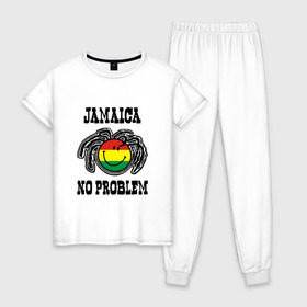Женская пижама хлопок с принтом Jamaica в Санкт-Петербурге, 100% хлопок | брюки и футболка прямого кроя, без карманов, на брюках мягкая резинка на поясе и по низу штанин | bob marley | jamaica | no problem | reggae | растаман | регги