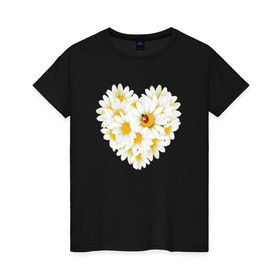 Женская футболка хлопок с принтом Цветущее сердце в Санкт-Петербурге, 100% хлопок | прямой крой, круглый вырез горловины, длина до линии бедер, слегка спущенное плечо | любовь | ромашки | сердце | цветы