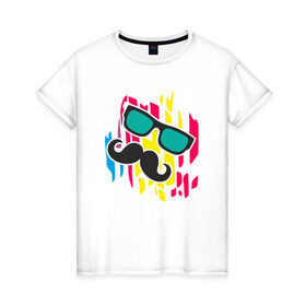 Женская футболка хлопок с принтом Летнее настроение в Санкт-Петербурге, 100% хлопок | прямой крой, круглый вырез горловины, длина до линии бедер, слегка спущенное плечо | лето | настроение | очки | позитив | усы | цвет