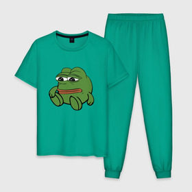 Мужская пижама хлопок с принтом Грустняш в Санкт-Петербурге, 100% хлопок | брюки и футболка прямого кроя, без карманов, на брюках мягкая резинка на поясе и по низу штанин
 | Тематика изображения на принте: pepe | грустная жаба | жаба | мем | пепе