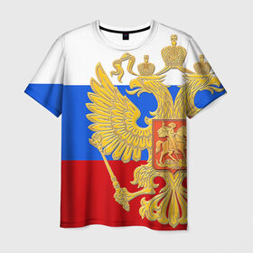 Мужская футболка 3D с принтом Флаг и герб РФ в Санкт-Петербурге, 100% полиэфир | прямой крой, круглый вырез горловины, длина до линии бедер | герб | патриот | россия | рф | флаг