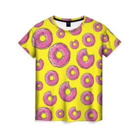 Женская футболка 3D с принтом Пончики в Санкт-Петербурге, 100% полиэфир ( синтетическое хлопкоподобное полотно) | прямой крой, круглый вырез горловины, длина до линии бедер | donut | simpsons | паттерн | пончик