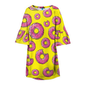 Детское платье 3D с принтом Пончики в Санкт-Петербурге, 100% полиэстер | прямой силуэт, чуть расширенный к низу. Круглая горловина, на рукавах — воланы | Тематика изображения на принте: donut | simpsons | паттерн | пончик
