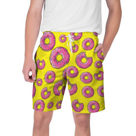 Мужские шорты 3D с принтом Пончики в Санкт-Петербурге,  полиэстер 100% | прямой крой, два кармана без застежек по бокам. Мягкая трикотажная резинка на поясе, внутри которой широкие завязки. Длина чуть выше колен | Тематика изображения на принте: donut | simpsons | паттерн | пончик