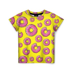 Детская футболка 3D с принтом Пончики в Санкт-Петербурге, 100% гипоаллергенный полиэфир | прямой крой, круглый вырез горловины, длина до линии бедер, чуть спущенное плечо, ткань немного тянется | donut | simpsons | паттерн | пончик