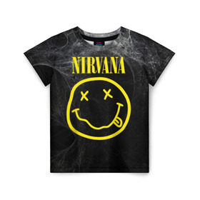 Детская футболка 3D с принтом Nirvana в Санкт-Петербурге, 100% гипоаллергенный полиэфир | прямой крой, круглый вырез горловины, длина до линии бедер, чуть спущенное плечо, ткань немного тянется | Тематика изображения на принте: cobain | curt | nirvana | rock | smile | кобейн | курт | рок | смайл