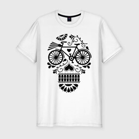 Мужская футболка премиум с принтом Велочереп в Санкт-Петербурге, 92% хлопок, 8% лайкра | приталенный силуэт, круглый вырез ворота, длина до линии бедра, короткий рукав | bicycle | bike | biker | байк | велик | велосипед | велосипедист | велоспорт | велочереп | спорт | череп