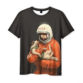 Мужская футболка 3D с принтом Гагарин в Санкт-Петербурге, 100% полиэфир | прямой крой, круглый вырез горловины, длина до линии бедер | гагарин | космос. россия | поехали | полет | собака | ссср