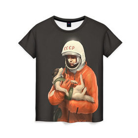 Женская футболка 3D с принтом Гагарин в Санкт-Петербурге, 100% полиэфир ( синтетическое хлопкоподобное полотно) | прямой крой, круглый вырез горловины, длина до линии бедер | Тематика изображения на принте: гагарин | космос. россия | поехали | полет | собака | ссср