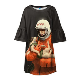 Детское платье 3D с принтом Гагарин в Санкт-Петербурге, 100% полиэстер | прямой силуэт, чуть расширенный к низу. Круглая горловина, на рукавах — воланы | гагарин | космос. россия | поехали | полет | собака | ссср
